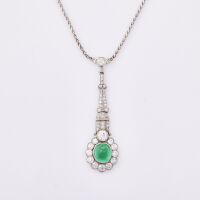 Platinum, Estate, 2.88ct Emerald and Diamond Drop Pendant with 9ct Gold Chain