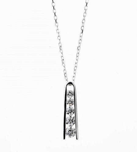 A diamond pendant, set with five graduated modern brilliant cut diamonds of known weight 0.50 carats. 9ct white gold. Weight 1 gram. Length 17mm.  To be sold with a fine trace link chain. 18ct white gold. Weight 1.5 grams. Length 45cm.