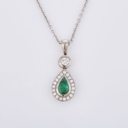 18ct White Gold, .80ct Emerald and .50ct Diamond Pendant on 18ct Chain