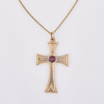 9ct Yellow Gold, Ruby Cross Pendant on a Gold Plated Chain