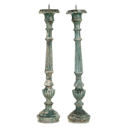 A Pair of Tall Green Indian Pricket Candlesticks