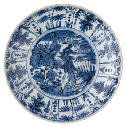 A Chinese Ming Dynasty Blue-and-white Plate with birds and flower pattern