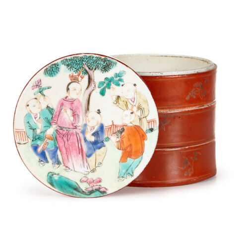 A 19th Century Qing Dynasty Daoguang Period 4 layers Famille Rose Covered Box with children playing scene