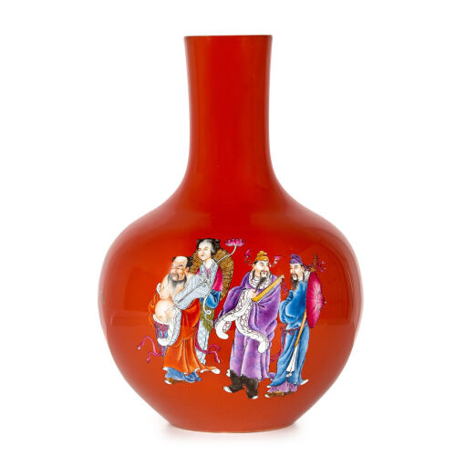 An Early 20th Centry Red Glazed Vase with Eight Immortals and Chinese calligraphy pattern (Qing Dynasty Qianlong Mark)