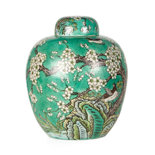 A Qing Dynasty Famille Verte Lidded Jar with bird and flower pattern (Qing Dynasty Kangxi Mark)