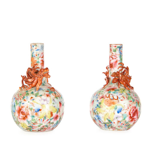 A pair of late 19th Century Famille Rose Vases with flower and dragon pattern(Qing Dynasty Guangxu Mark)