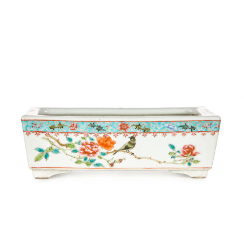 A Chinese Republican-era Famille Rose Rectangula Box with bird and flower (narcissus) pattern (Qing Dynasty Qianlong Mark)