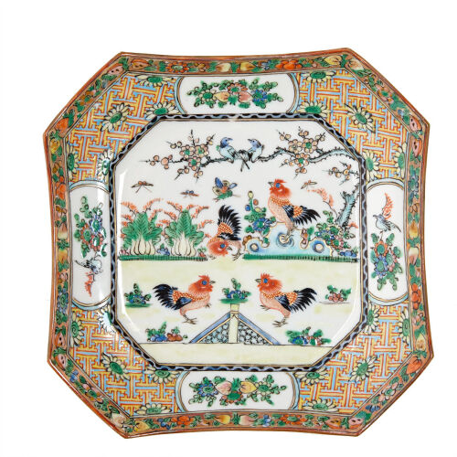 A Chinese 19th Century Famille-rose Rooster Square Dish