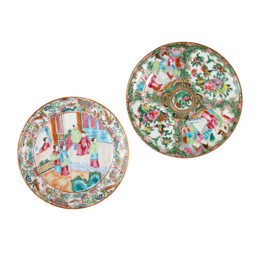 Two Qing Dynasty Cantonese Famille Rose Porcelain Dishes with figure and flower pattern