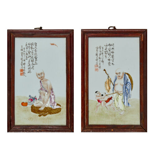 A Pair of Chinese Famille Rose Figure Painting on Porcelain Screens