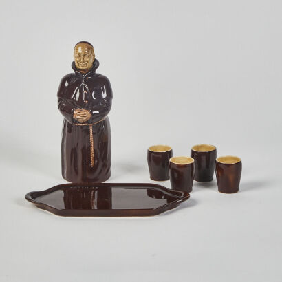 A Vintage Beswick Monk Decander With Tray And Four Shot Glasses