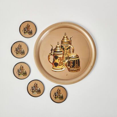 A Japanese Made Plate And Coaster Set With Beer Stein Design