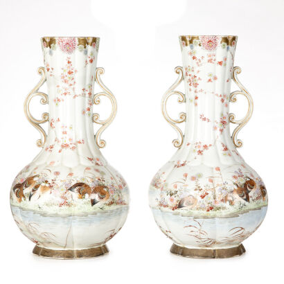 A Pair of Japanese Meiji Periond Kutani styles Lager Vases with two ears