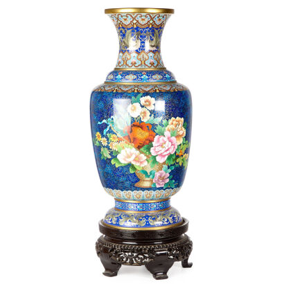 A Large Chinese Blue Cloisonne Vase with Trumpet Neck Raised on Pedestal