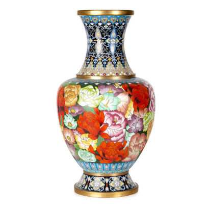 A Chinese Cloisonne Vase with Floral Motifs Raised on Pedestal