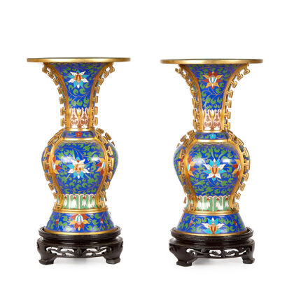 A Pair of Blue Cloisonne Vases