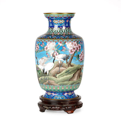 A Chinese Blue Cloisonne Vase with Heron Design and Trumpet Neck