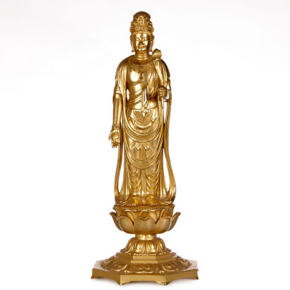 A Chinese Gilt Guan Yin Stand Statue