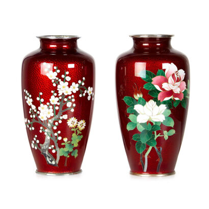 Two Japanese Red Cloisonne Vases