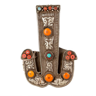 A Silver Belt Buckle with Red Coral, Tibet-China