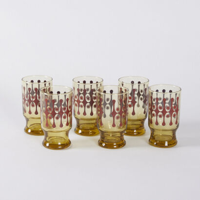 A Set Of Six Kaaru Amber Glasses With Decal