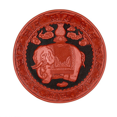 A Chinese Red Lacquer Plate with carved elephant scene