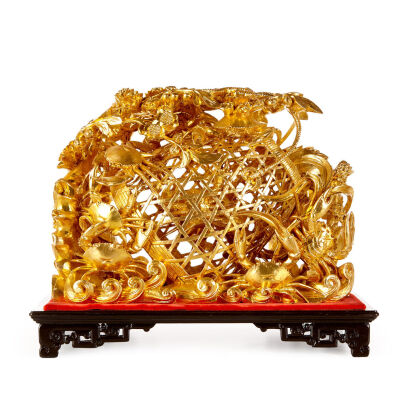 A Chinese Glit Wood Statue with carved crabs on crab cage (original wood box)