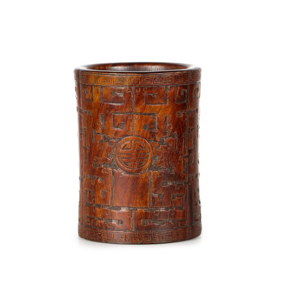 A Republican-era Huang Hua Li Brush Pot with longevity characters