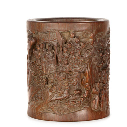 A Chinese Wooden Brush Pot caverd with figure and pin tree (Gu Zongyu Marked）