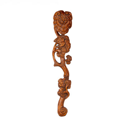 A Chinese Old Boxwood Ruyi with carved Lingzhi