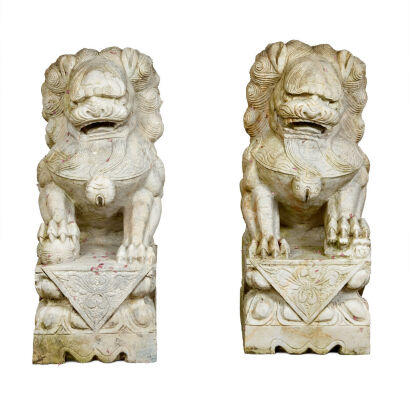 A Pair of Chinese Marble Hand Carved Lions