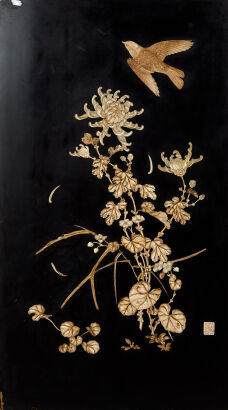 A Lacquered Chinese Black Panels inlaid with ivory, bird and flower pattern