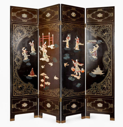 A Chinese Black Paint Screen inlain with Mother-of-pearl and Jade (4 panels）