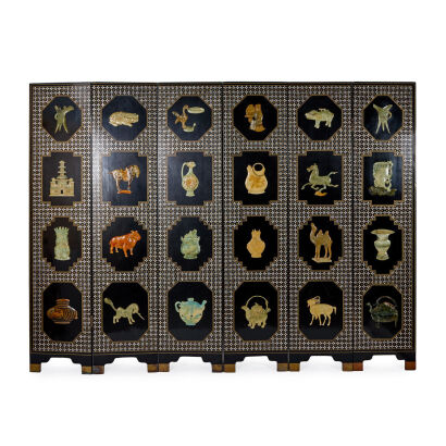 A Chinese Black Paint Screen inlain with Mother-of-pearl and Jade (12 panels）