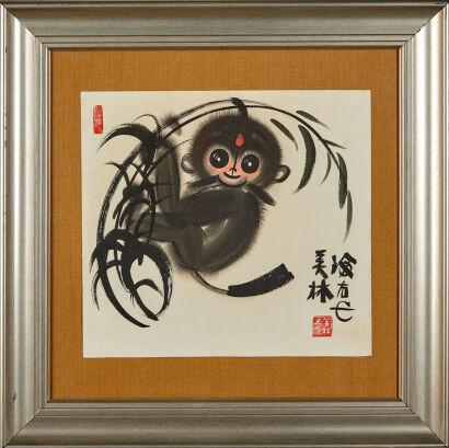 A Chinese Water Painting with Monkey (Han Meilin)