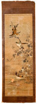 Two Japan's Meiji Period Embroidered Ink Water Painting with bird and flower pattern