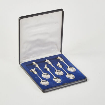 A Set Of Six English Silver Plated Teaspoons With Dragon, Horse, And Lion Finials In Box