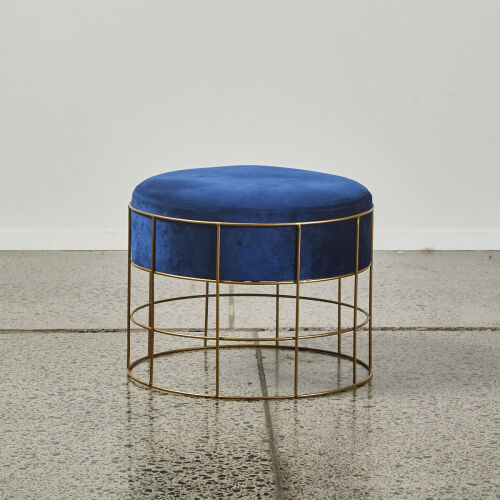 A Hollywood Regency Stool In Blue Velour Upholstery And Gold Frame