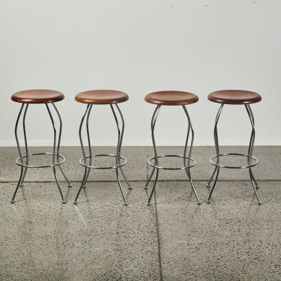 A Suite Of Four Vintage Barstools With Solidwood Seats & Chrome Frames