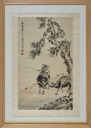 A Chinese Ink Water Painting with Kid and Cows (Wang Su)