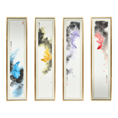 Four Chinese Paintings with flower and fish (Yu Hongbin Signature)