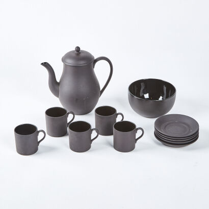 A Rare Discontinued Wedgwood Black Basalt Jasperware Demitasse Coffee Set