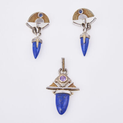 Sterling Silver wtih Gold Accents, Amethyst and Lapis Lazulli Pendant and Earring Set