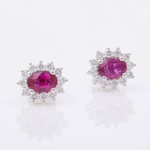 18ct White Gold, 1.22ct Ruby and .48 ct Diamond Cluster Stud Earrings