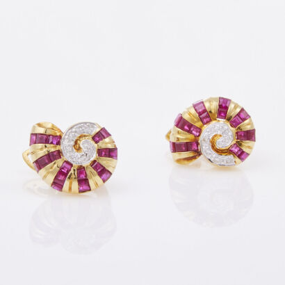 18ct Yellow Gold, 1.70ct Ruby and .08ct Diamond Shell Coil Earrings