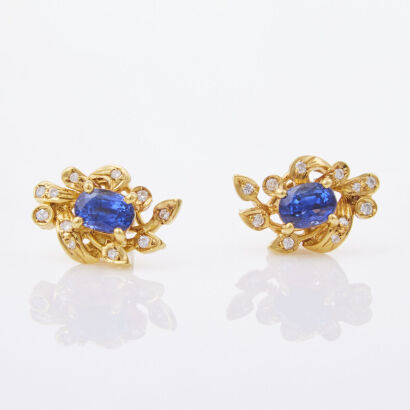 18ct Yellow Gold, Sapphire and .08ct Diamond Cluster Earrings