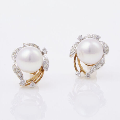 18ct Yellow/White Gold, 8mm Akoya Pearl and Diamond Stud Earrings