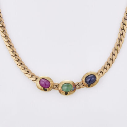 8ct Yellow Gold, Cabochon cut Emerald, Sapphire and Ruby, Necklace