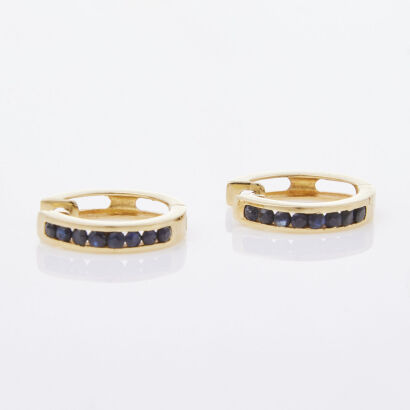 14ct Yellow Gold, Small Black Sapphire Hoops