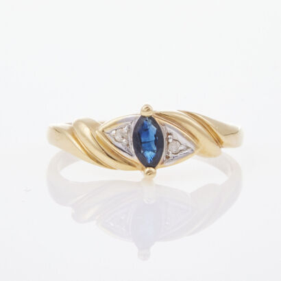 14ct Yellow Gold, .15ct Marquise cut Sapphire and .016ct Diamond Ring